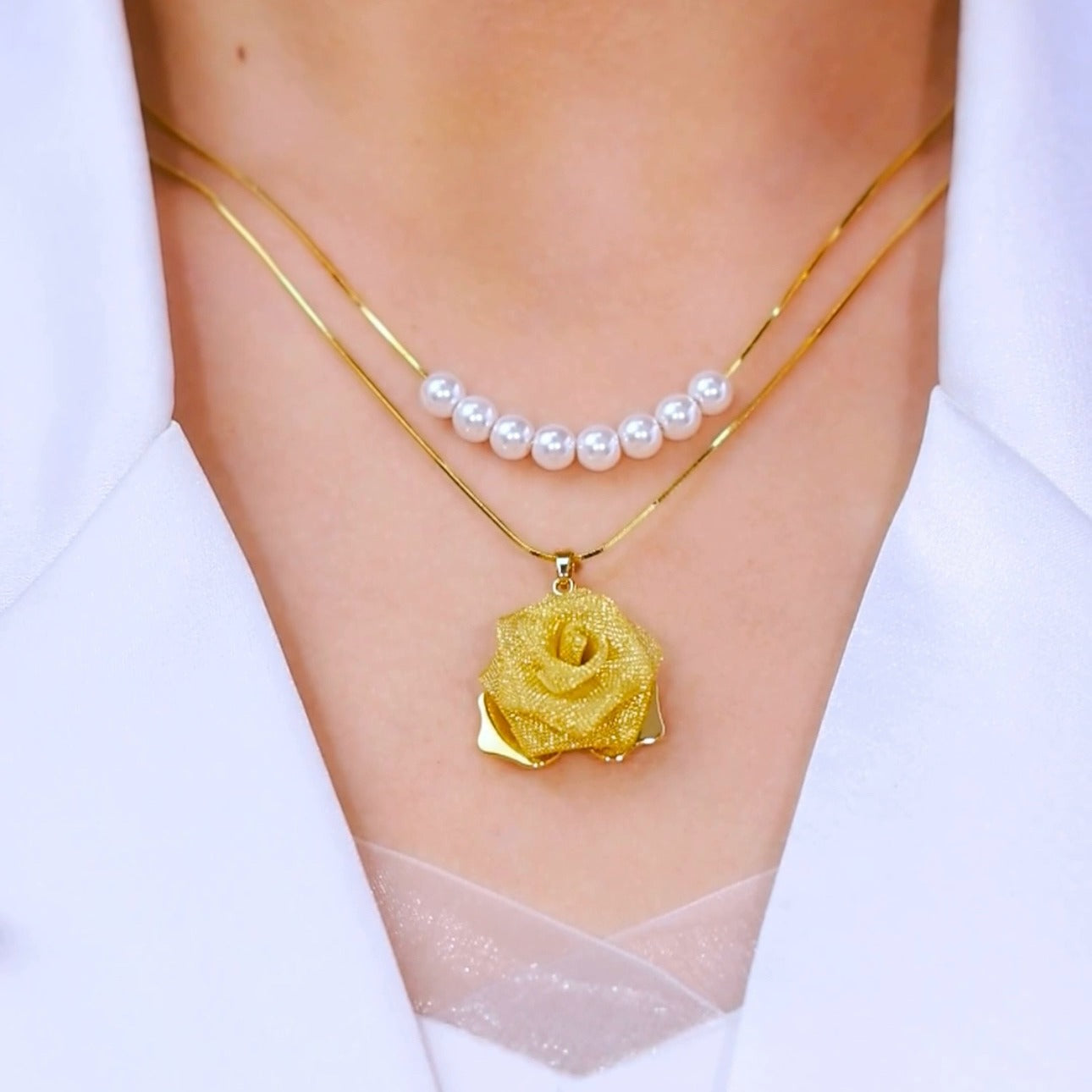 Double-layer golden rose pearl necklace(24k gold plated)