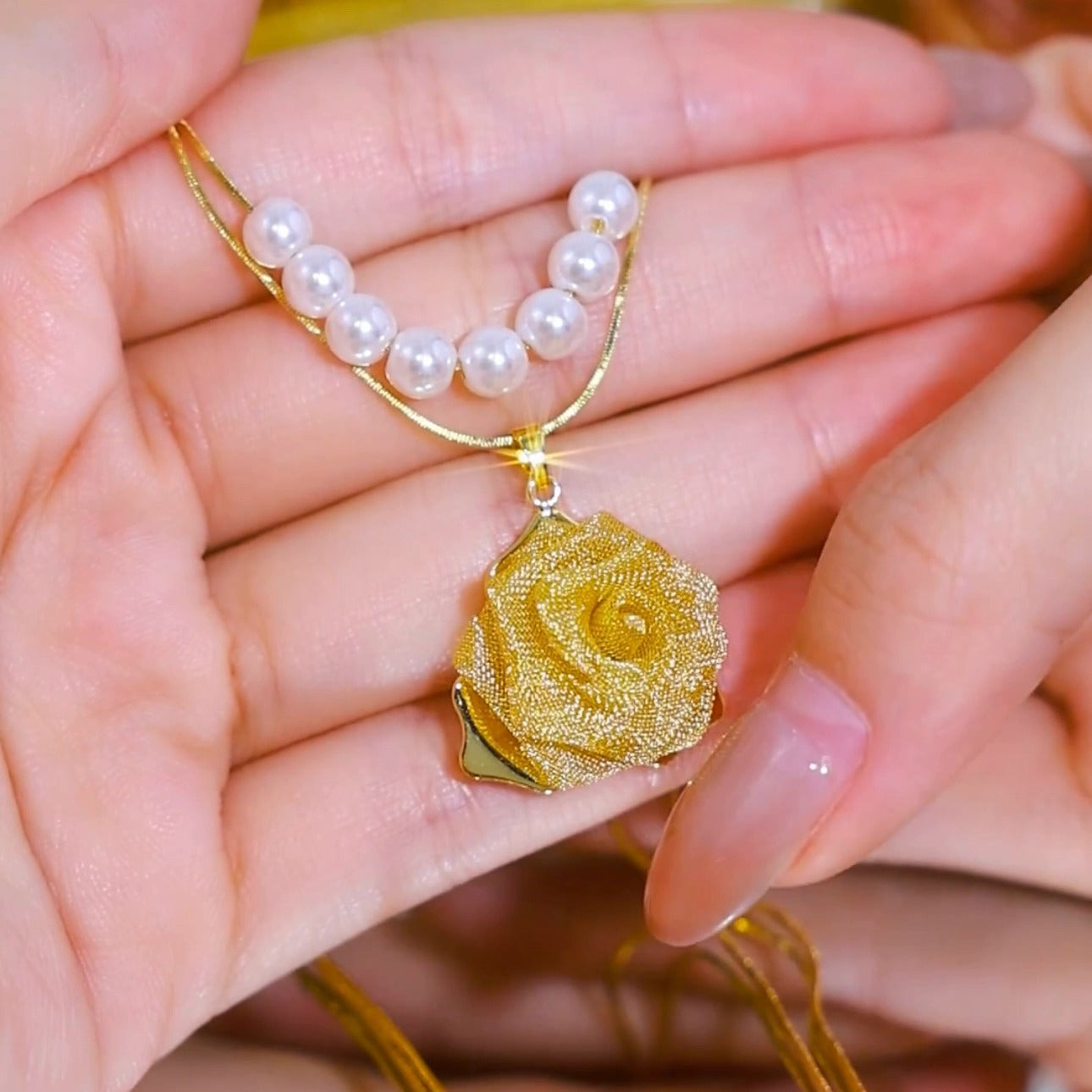 Double-layer golden rose pearl necklace(24k gold plated)