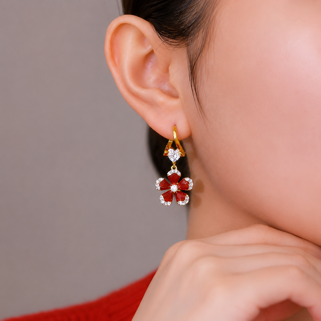 Royal Red Blossom Earrings(24k Gold Plated)