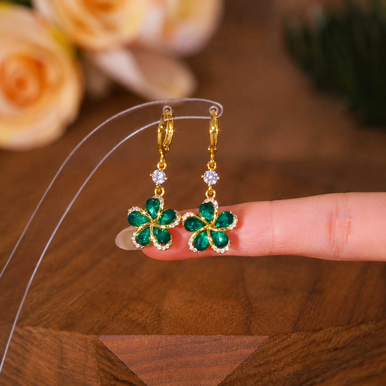 Emerald Bloom Earrings(24k Gold Plated)