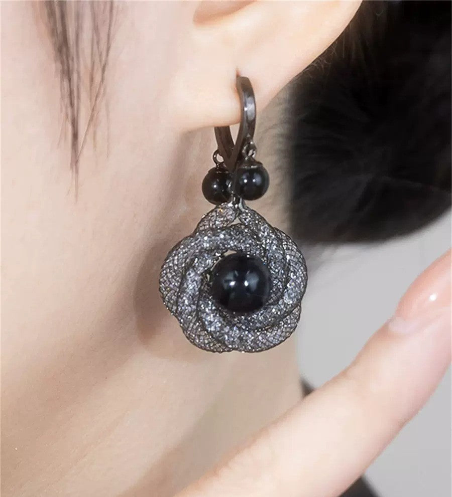 Black Flower crystal earrings