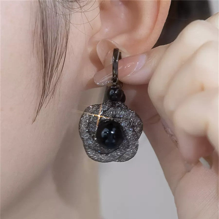 Black Flower crystal earrings